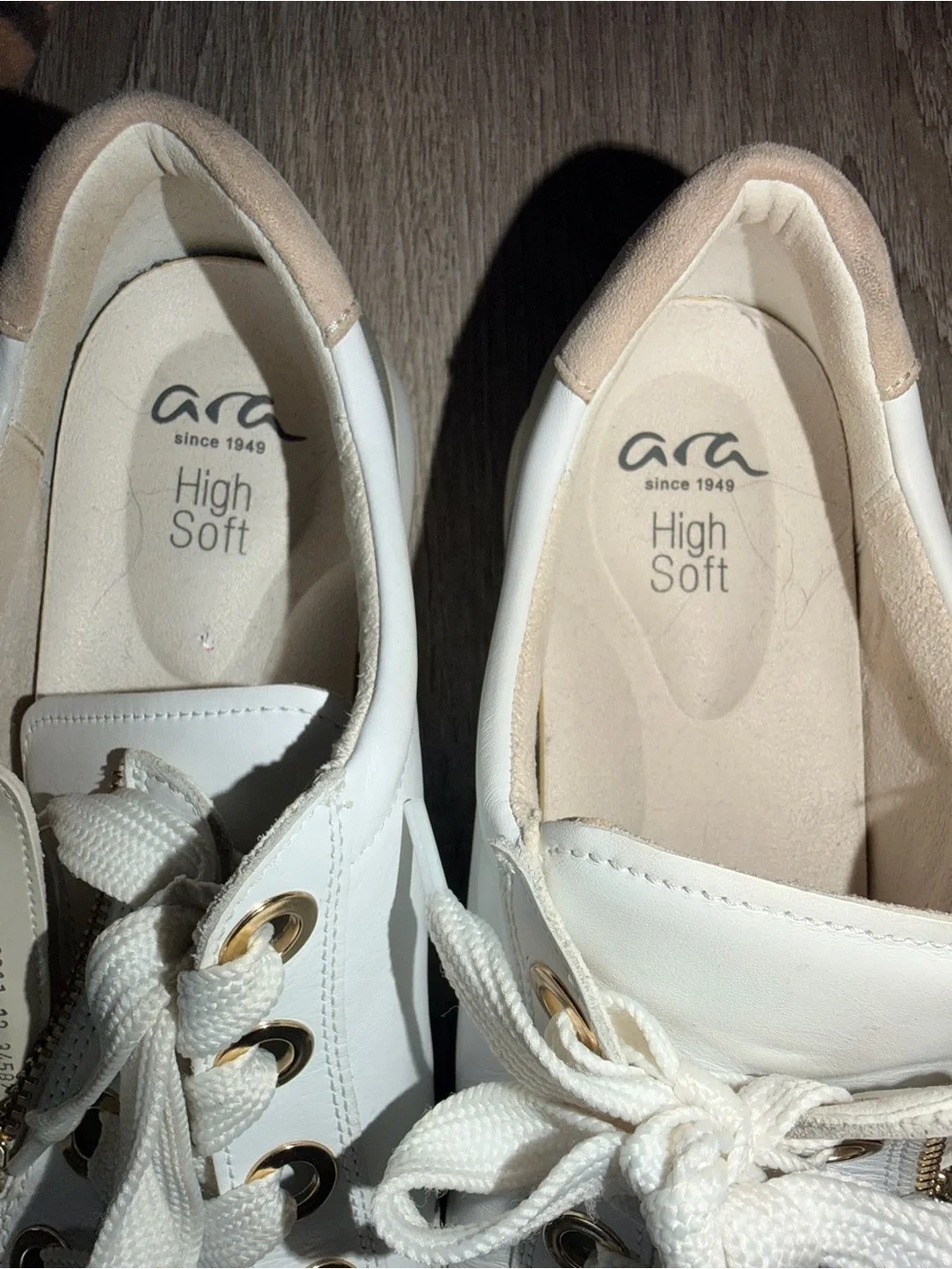 Ara White Leather Lace-Up Sneakers with Gold Accents